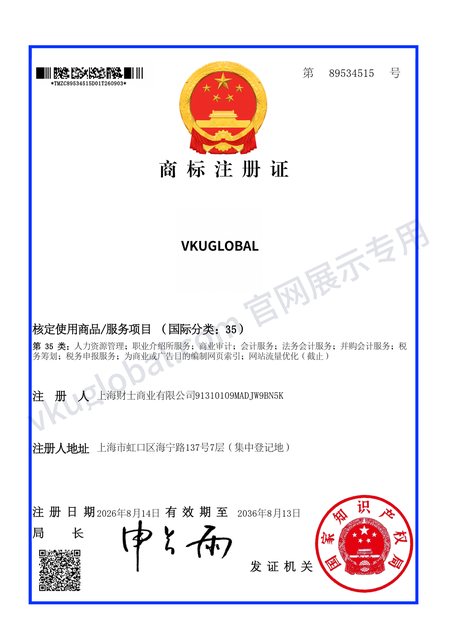 商标注册证（VKUGLOBAL）